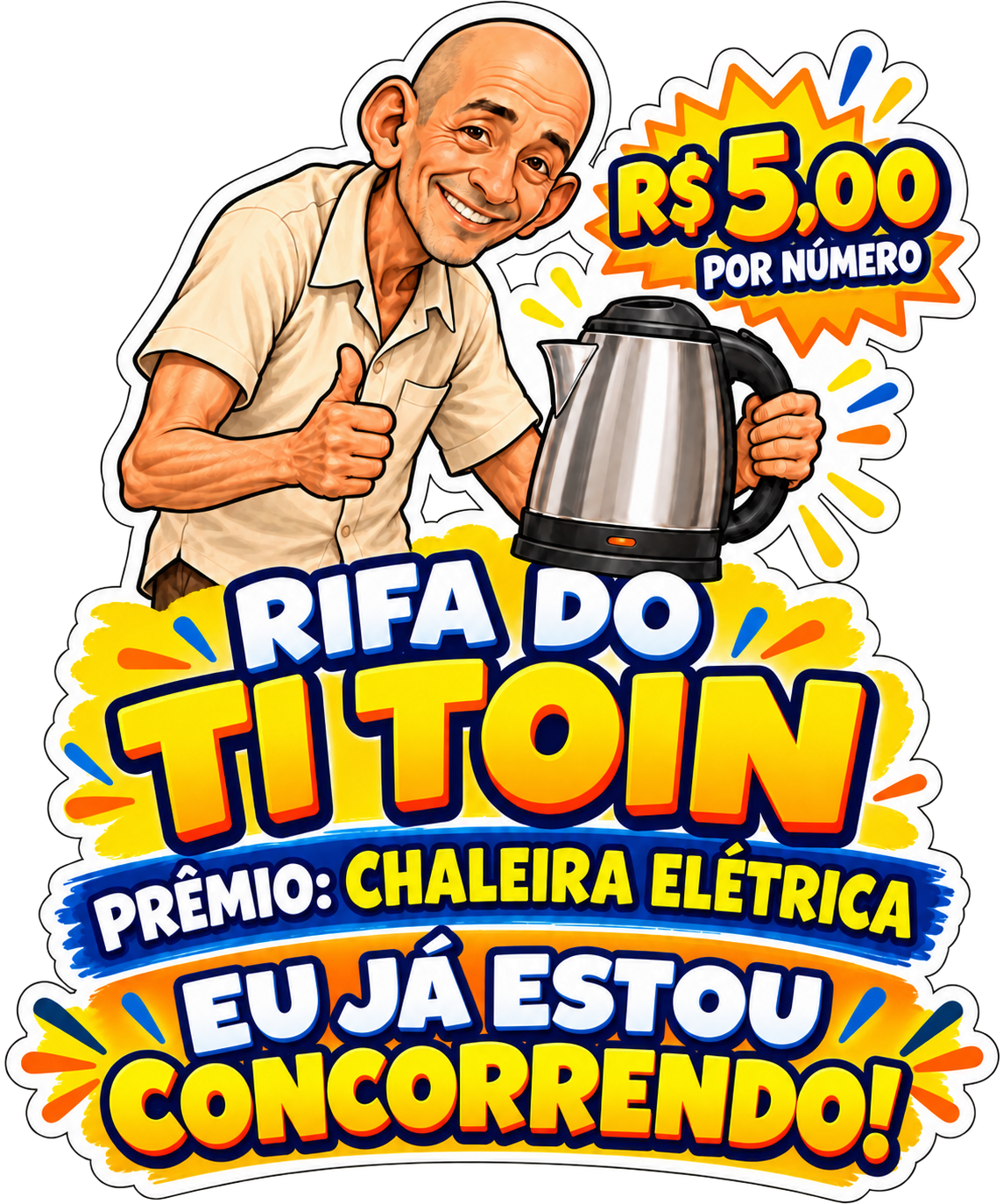 Ti Toin apresenta a chaleira elétrica, prêmio da rifa.
